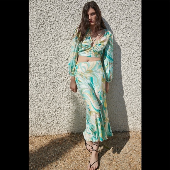Zara Set Skirt + Crop Top 70’s Green White - Picture 10 of 12
